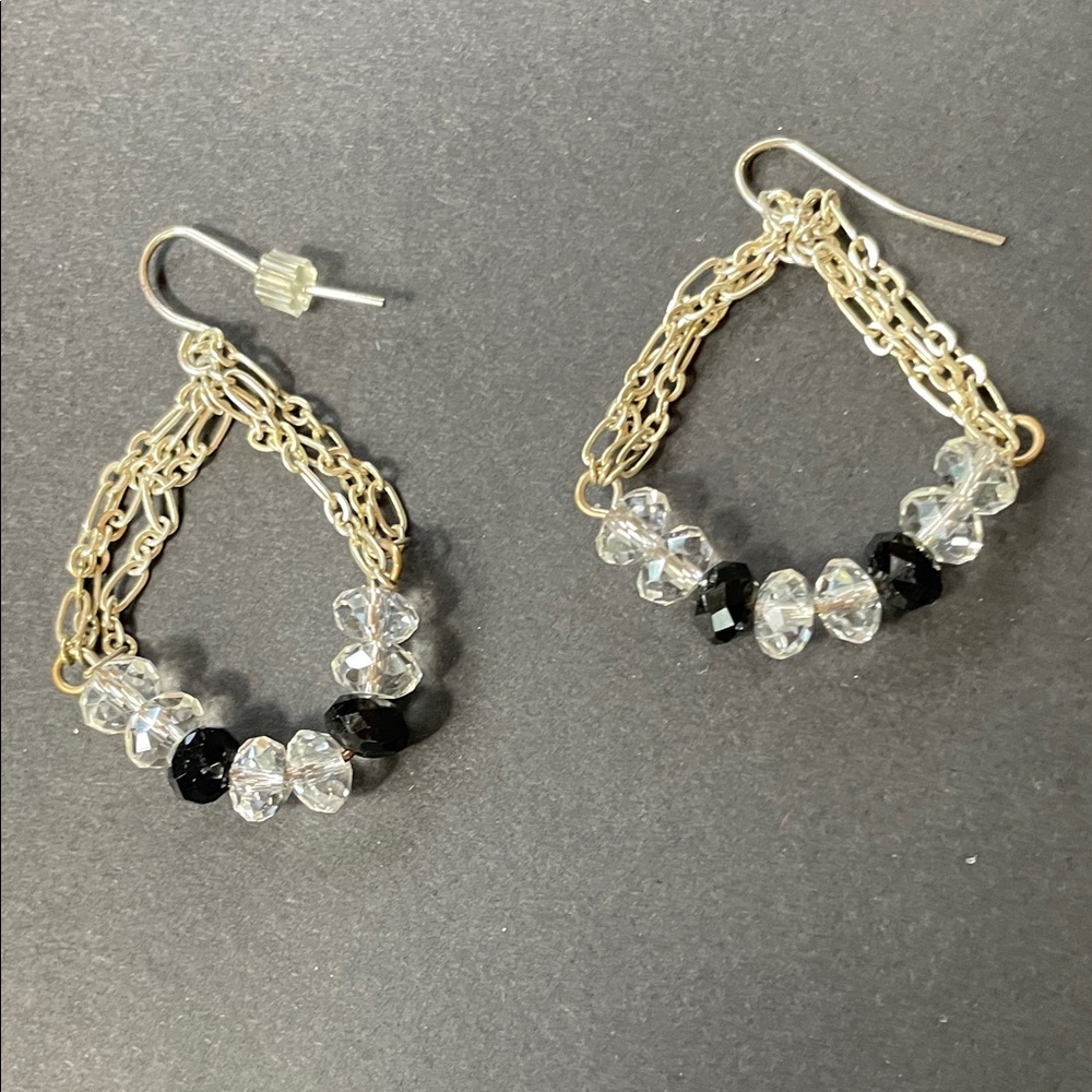 Elegant Silver, Black & Crystal Chain Earrings